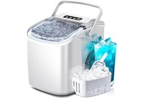 CRZOE Countertop Portable Ice Maker Machine with Handle, 9 Bullet-Shaped Ice Cubes Ready in 6 Mins, 26Lbs/24H, Self-Cleaning Function with Ice Scoop and Basket for Home/Kitchen/Party (White)