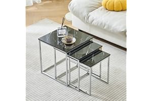 nozama Set of 3 Square End Table Side Table Nesting Nightstand Chrome Finish Contemporary,Furniture Home Living Room for Small Space, Faux Marble Gloss Black