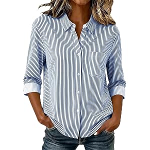 Button Down Shirts for Women Striped Long Sleeve Lapel Collar Loose Fit Tops Business Breathable Casual Work Outfits