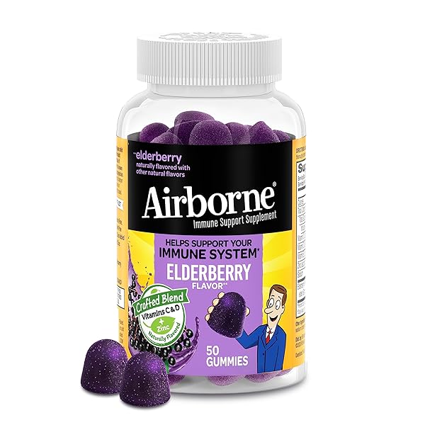 AIRBORNE ELDERBERRY + ZINC & VITAMIN C GUMMIES FOR ADULTS, IMMUNE SUPPORT VITAMIN D & ZINC GUMMIES WITH POWERFUL ANTIOXIDANT VITAMINS C D & E – 50 GUMMIES, ELDERBERRY FLAVOR