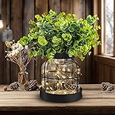 Rustic Farmhouse Glass Vases with Green Artificial Eucalyptus Plants & Lights Primitive Vintage Lantern Home Decor Centerpiece for Counter Coffee Table Shelf Office Dining Room Kitchen Bathroom,Black