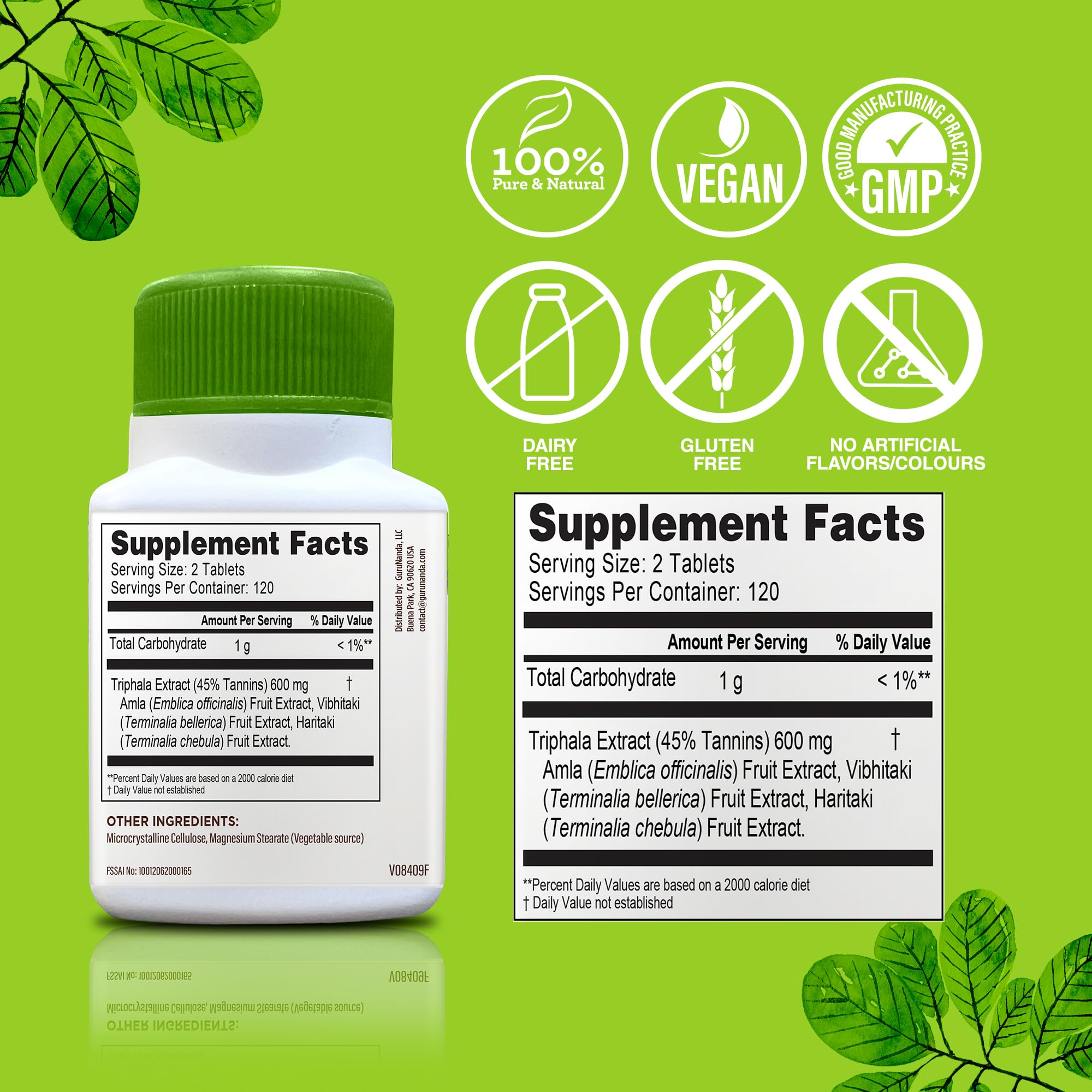 GuruNanda Digestiva Triphala (240 Tablets), Supports Digestion, Helps with Bloating, Dietary Supplement with Amla, Haritaki & Bibhitaki