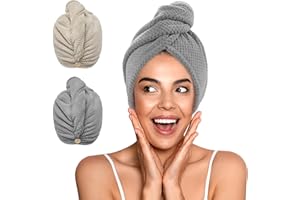 YFONG 2 Pack Microfiber Hair Towel Wrap for Women, Super Absorbent Quick Dry Hair Turban for All Hair Style Anti Frizz, Large Hair Drying Towel with Button
