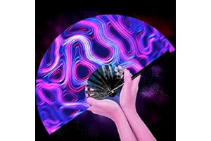 Lysa UV Glow Rave Hand Fan Foldable for Women/Men/Drag Queen - Large Clack Festival Folding Hand Fan - for EDM, Music Festival Party, Event, Dance, Disco (Purple Neon-UV-13)