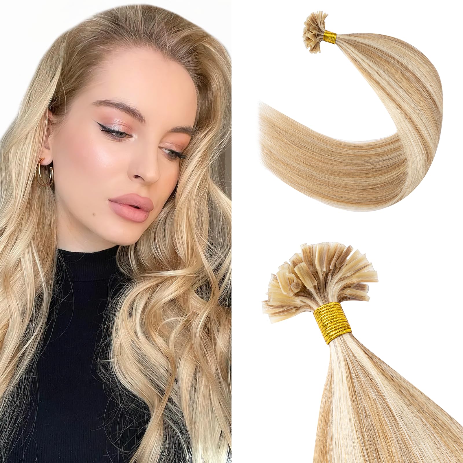 Silk-co U Tip Pre Bonded Hair Extensions Strands Keratin Nail Tip Straight Human Hair Extensions U tip Real Remy Hair 50 Strands Keratin Nail Til 14"-40g #12P613 Golden Brown&Bleach Blonde