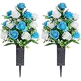 LVXINLI 2 Sets Artificial Cemetery Flowers,Memorial Flowers,Beautiful Arrangements for Headstones,Black Plastic vase with Drainage Hole Long Spikes Outdoor Memorials (Blue and White)…