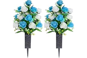 LVXINLI 2 Sets Artificial Cemetery Flowers,Memorial Flowers,Beautiful Arrangements for Headstones,Black Plastic vase with Drainage Hole Long Spikes Outdoor Memorials (Blue and White)…