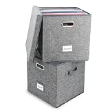 ZEDKEHO Vinyl Record Storage Box Set of 2 - Album Storage Holds 100+ Single Records, Decorative LP Storage Organizer Crate with Lid, Sturdy Moving Boxes for Records