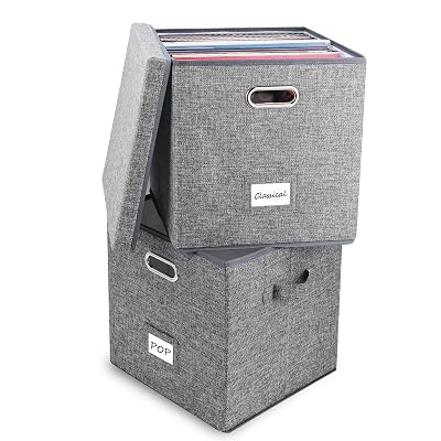 ZEDKEHO Vinyl Record Storage Box Set of 2 - Album Storage Holds 100+ Single Records, Decorative LP Storage Organizer Crate with Lid, Sturdy Moving Boxes for Records