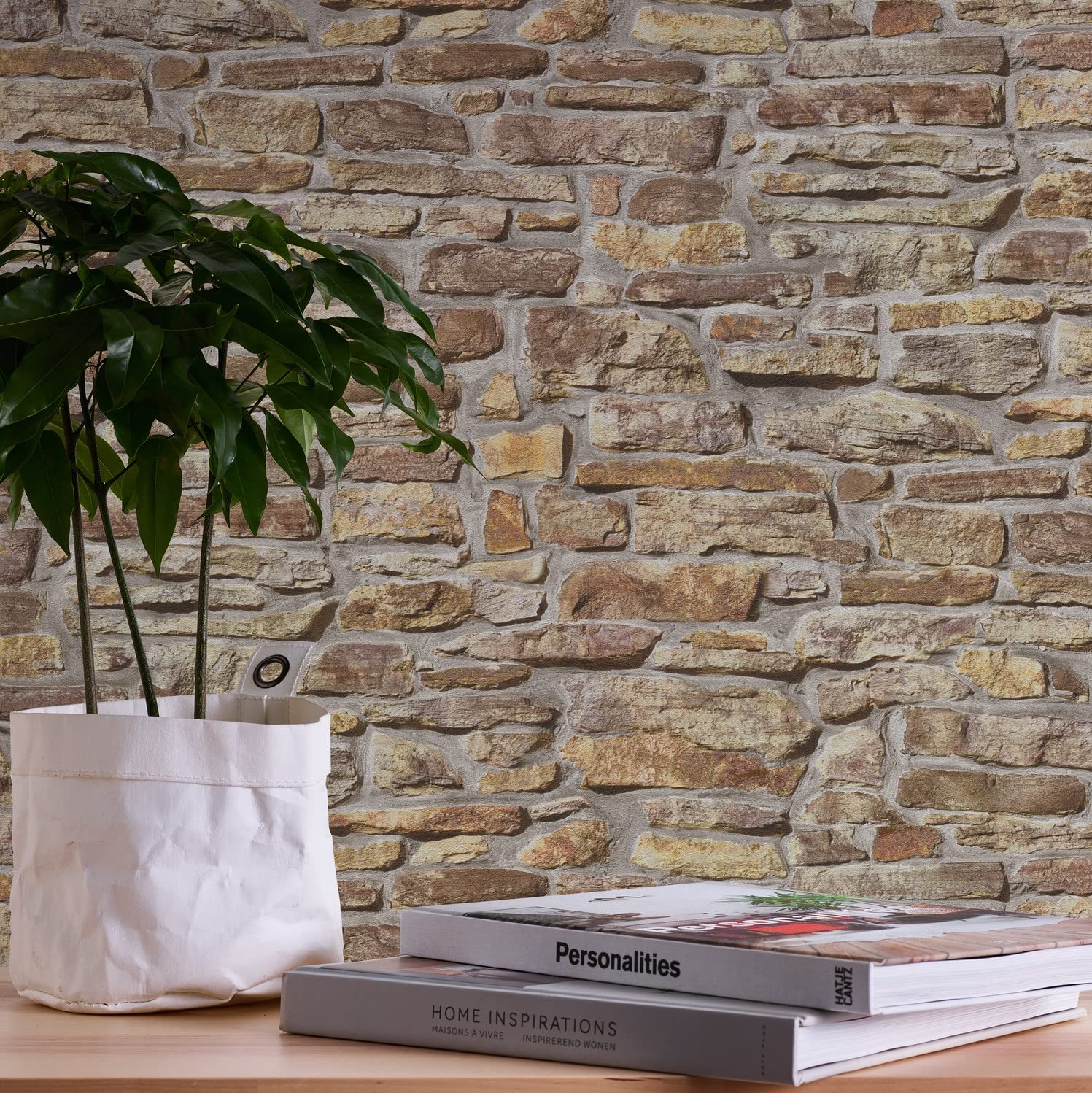 A.S. Création Bricks & Stones 388151 Non-Woven Wallpaper Natural Stone Wallpaper 10.05 m x 0.53 m Made in Germany Beige Yellow