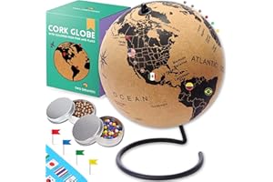 TWO DREAMERS Large Cork Globe 12.6" Tall | World Travel Map with Metallic, Colored & National Flags Push Pins | 3D World Map Pin Board for Home or Office | Unique Gift for Travelers, Couples & Families