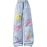 OYOANGLE Girl's Y2K Wide Leg Baggy Pants Casual Graphic Elastic Waist Trousers