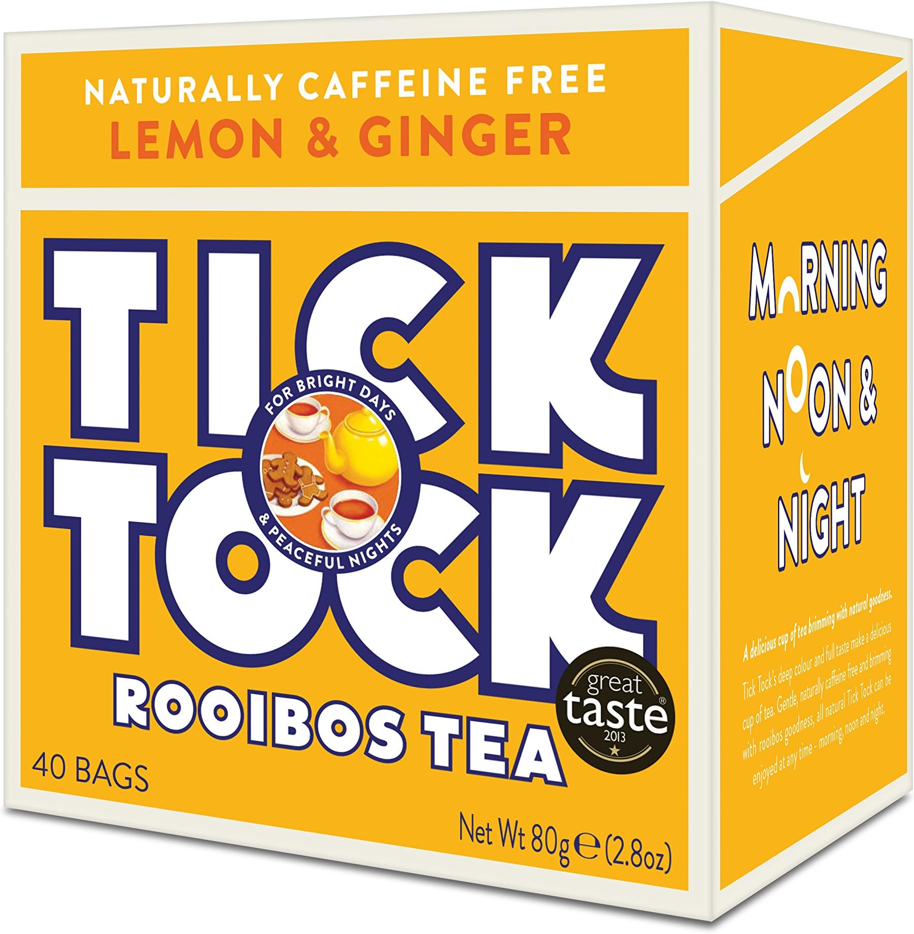 TICK TOCK TEA Rooibos Tea, Lemon & Ginger, 2.8 Ounce Box (40 Teabags Total), Naturally Caffeine Free Red Bush Herbal Tea, Rich in Anti-Oxidants, South African, Superfood