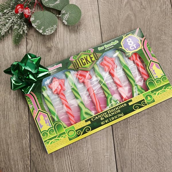 WICKED CANDY CANE BROOMS AND WANDS, SWEET AND SOUR FLAVORED STIRRING STICKS, CHRISTMAS STOCKING STUFFER TREATS, 8 COUNT, 3.38 OUNCES (PACK OF 2)