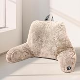 Nestl Fur Reading Pillow, Stylish Back Pillow for Bed Sitting Up, Faux Fur Bed Chair Pillow with Arms, Reading Pillows for Sitting in Bed Adult &amp; Kids, Sit Up Back Support Pillow for Bed Rest - Linen