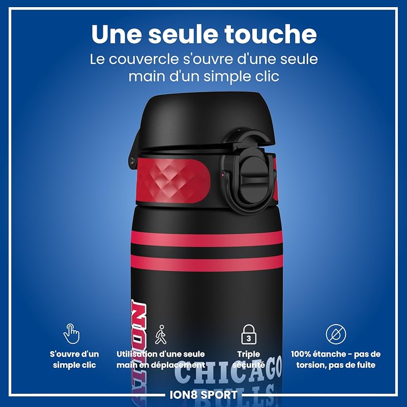NBA Chicago Bulls Gourde, 500ml, Anti-Fuite, Facile à Ouvrir, Verrouillage Sécurisé, Lavable en Lave-vaisselle, Sans BPA, Poignée de Transport, S'adapte aux Porte-gobelets, Facile à Nettoyer