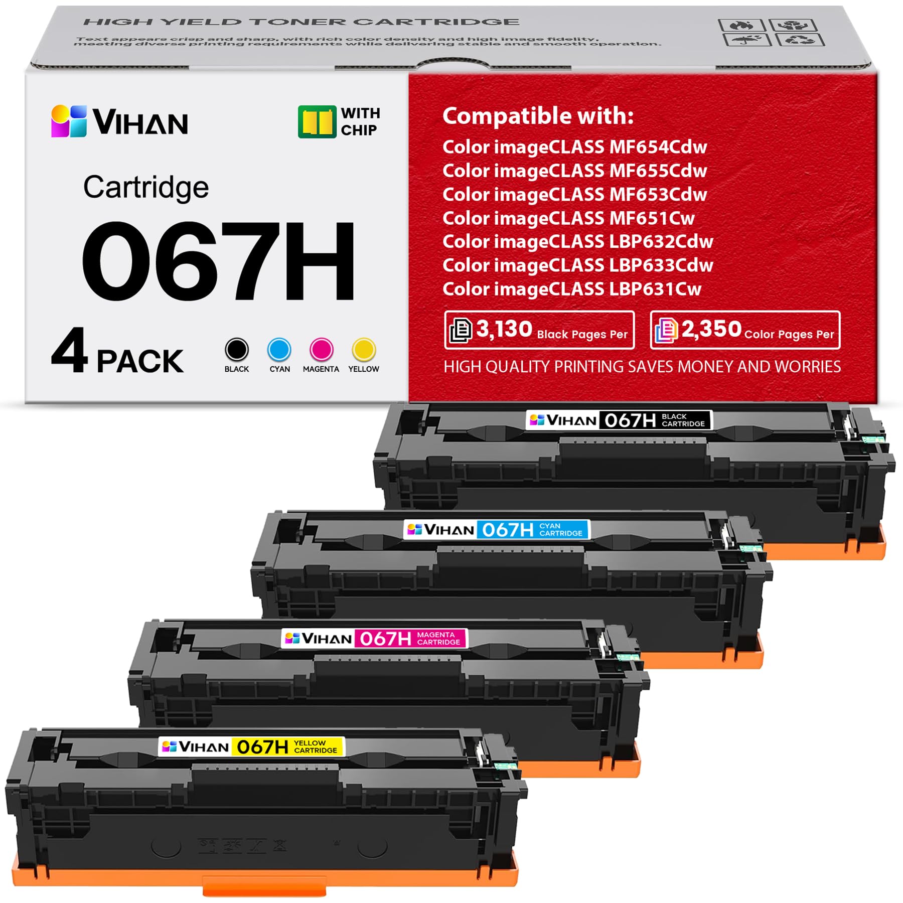 Photo 1 of 067H Toner Cartridge Set 4 Pack Replacement for Canon 067 067H Color imageCLASS LBP633Cdw MF656Cdw LBP632Cdw MF653Cdw MF654Cdw Printer Ink (1BK/1C/1M/1Y)