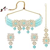 Aheli Ethnic Indian Necklace Earring Maang Tikka Set Traditional Bollywood Bharatanatyam jewellery set Gift for Women Blue