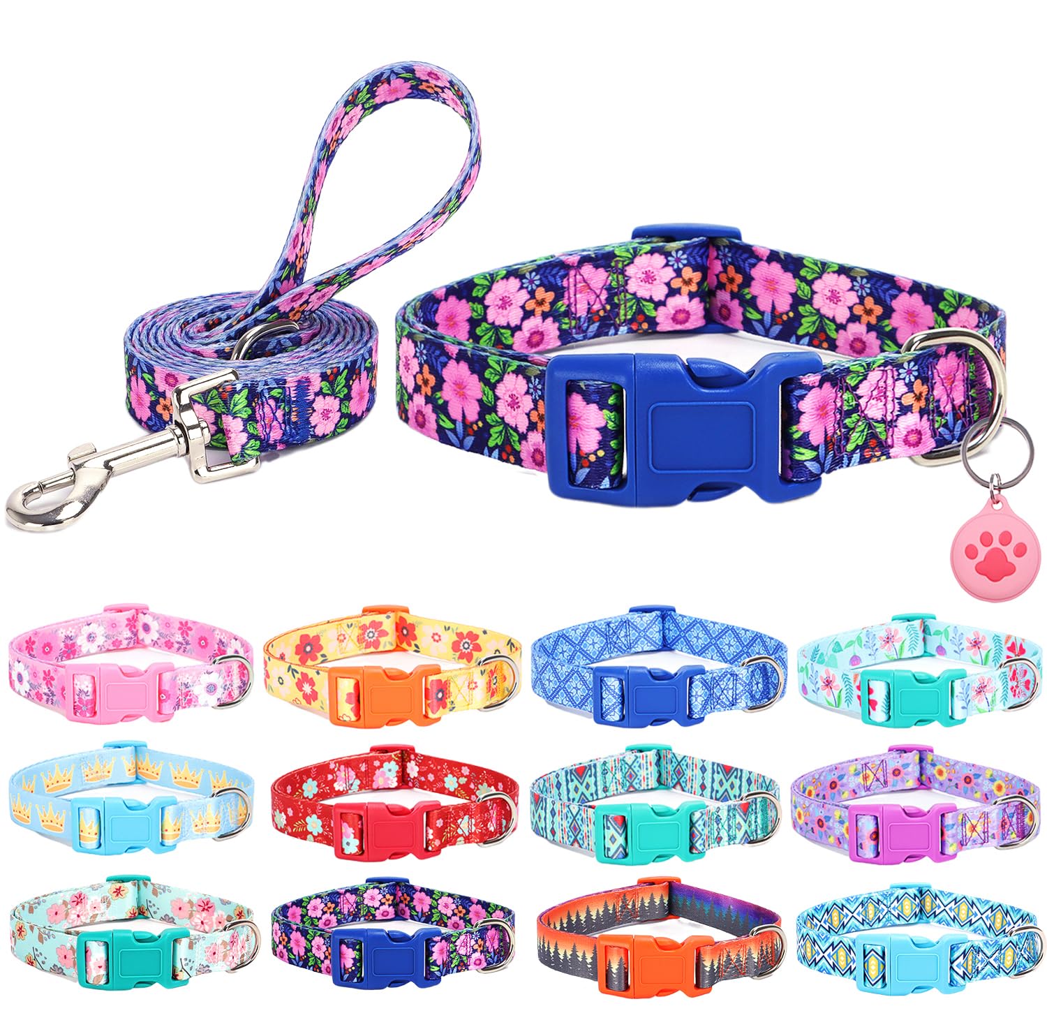 SLZZ Dog Collar with lead Airtag Holder Case Set - Dog Collars for Male Female Boy Girl Puppy X-small Small Medium Large Dogs Walking Running Training - Daisy/XS