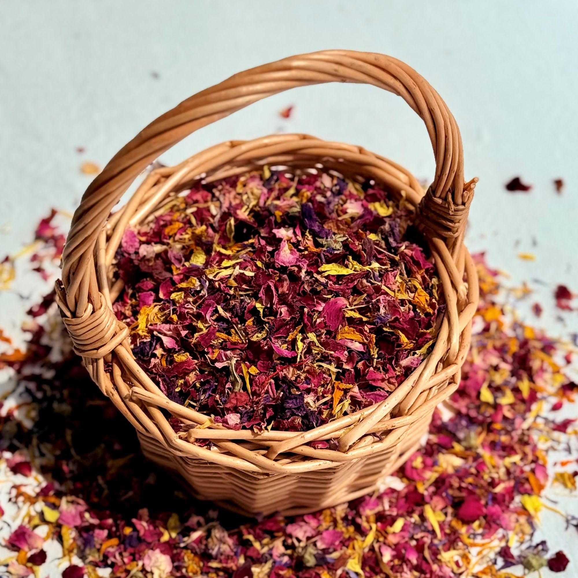Natural Petal Confetti - 1 Litre - 'Over The Rainbow' mix of Red Rose, Yellow & Orange Marigold, Purple Mallow and Blue Cornflower - Biodegradable (335)