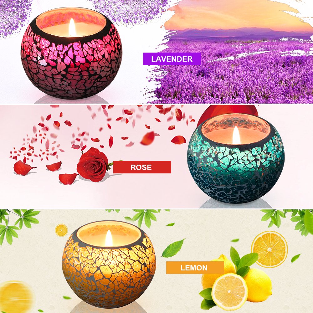 Scented Candles Gift Set, U2C Handmade 3 x 4.4 Oz 100% Natural Soy Glass Candles, Set of 3: Lavender, Rose and Lemon Travel Candle, Use for Aromatherapy, Weddings, Christmas Gift Candles (3 Pack)