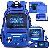 ACESAK Game luminous Boys Backpack - Bento Box with Insulated Lunch Bag Pencil Case, Utensils Set for Kids, 6 Leakproof Compartments Removable Tray Lunches or Snack Container (Blue)
