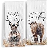 Qeheb Donkey Gifts Funny Hand Towels Set of 2, Hello Sweet Cheeks Not Today Donkey Botanical Decorative Hand Towels for Bathroom Decor, Funny Farmhouse Bathroom Decor, Dish Cloths & Dish Towel
