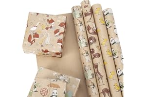 RUSPEPA Kraft Wrapping Paper Sheet - French Bulldog/Rabbit/Fox/Panda/Sika Deer/Duck Printed Spring Party Great for Baby Shower - 6 Sheets Packed as 1 roll - 17.5 x 30 inches per Sheet