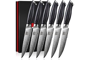 SHAN ZU Steak Knives Set of 6, Ultra Sharp 4.5 Inch High Hardness Powder Steel Steak Knife Set, Serrated Steak Knives with Er