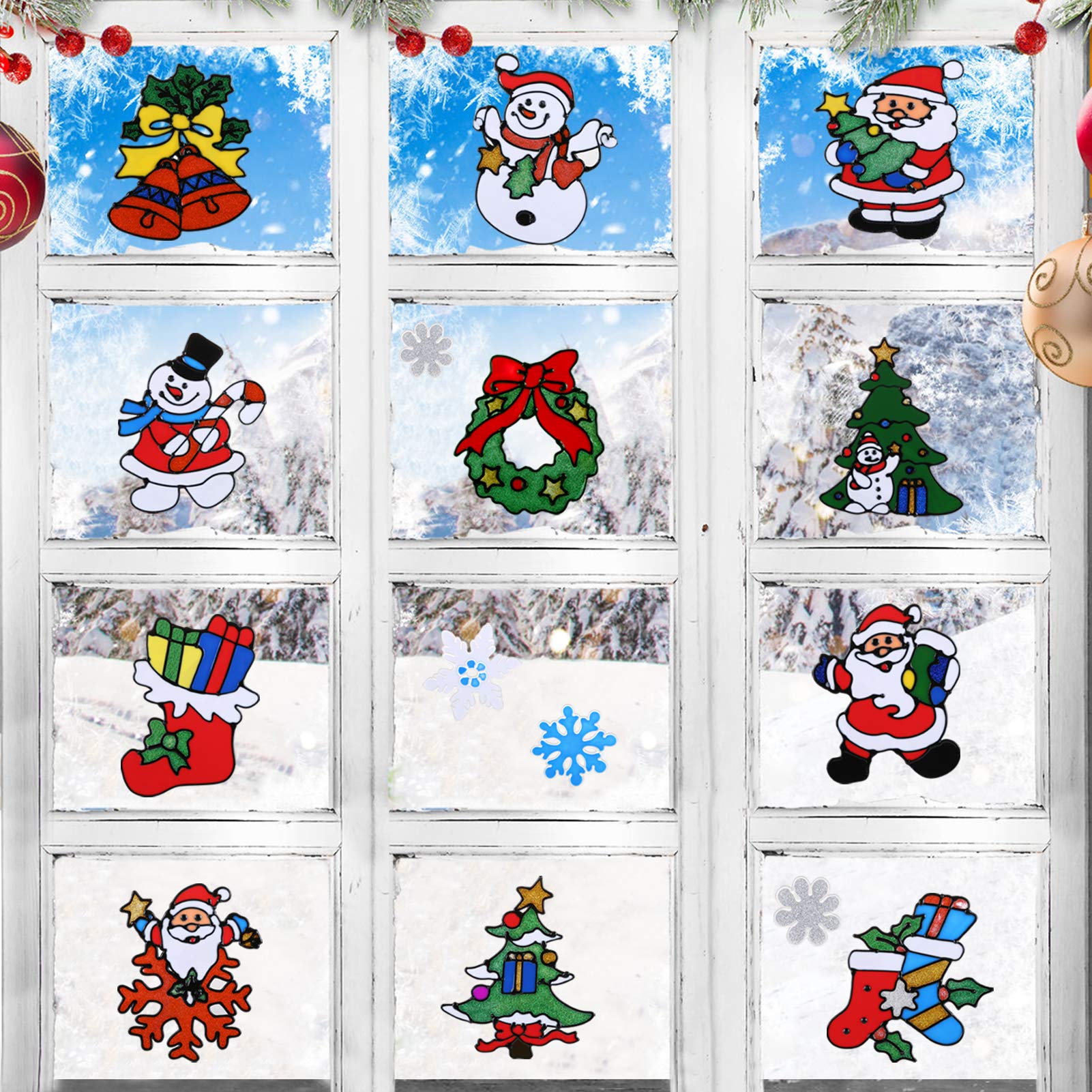 LIHAO 12 Sheets Christmas Window Stickers Christmas Gel Clings Sticker Decals for Christmas Home and Party Decoration
