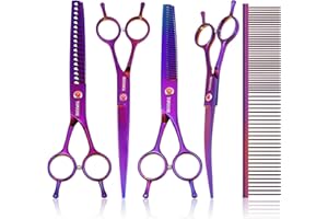 TOPGOOSE Dog Grooming Scissors Kit, Professional 6 in 1 Pet Scissors Sharp Shears Set - Straight, Thinning, Chunker, Curved Shears and Comb for Long Short Hair for Dog Cat (Set, Purple)