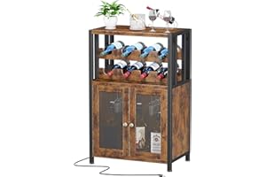 Homeiju Wine Bar Cabinet with Detachable Wine Rack & Glass Holder, Farmhouse Coffee Bar Cabinet with USB Port & Led Lights, Small Sideboard Buffet Cabinet for Liquor and Glasses(Rustic Brown)