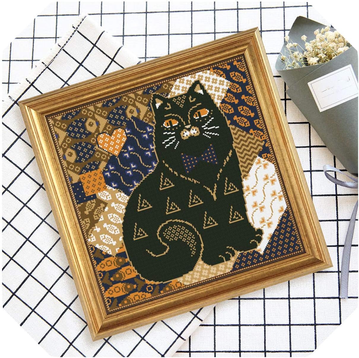 Amazon Co Jp 刺繍キット 黒デブ猫クロスステッチキットブランドスレッド動物犬カウントキャンバス生地刺繍手作り縫製クラフト用品 14 Ctアンプリント40x40cm ホーム キッチン