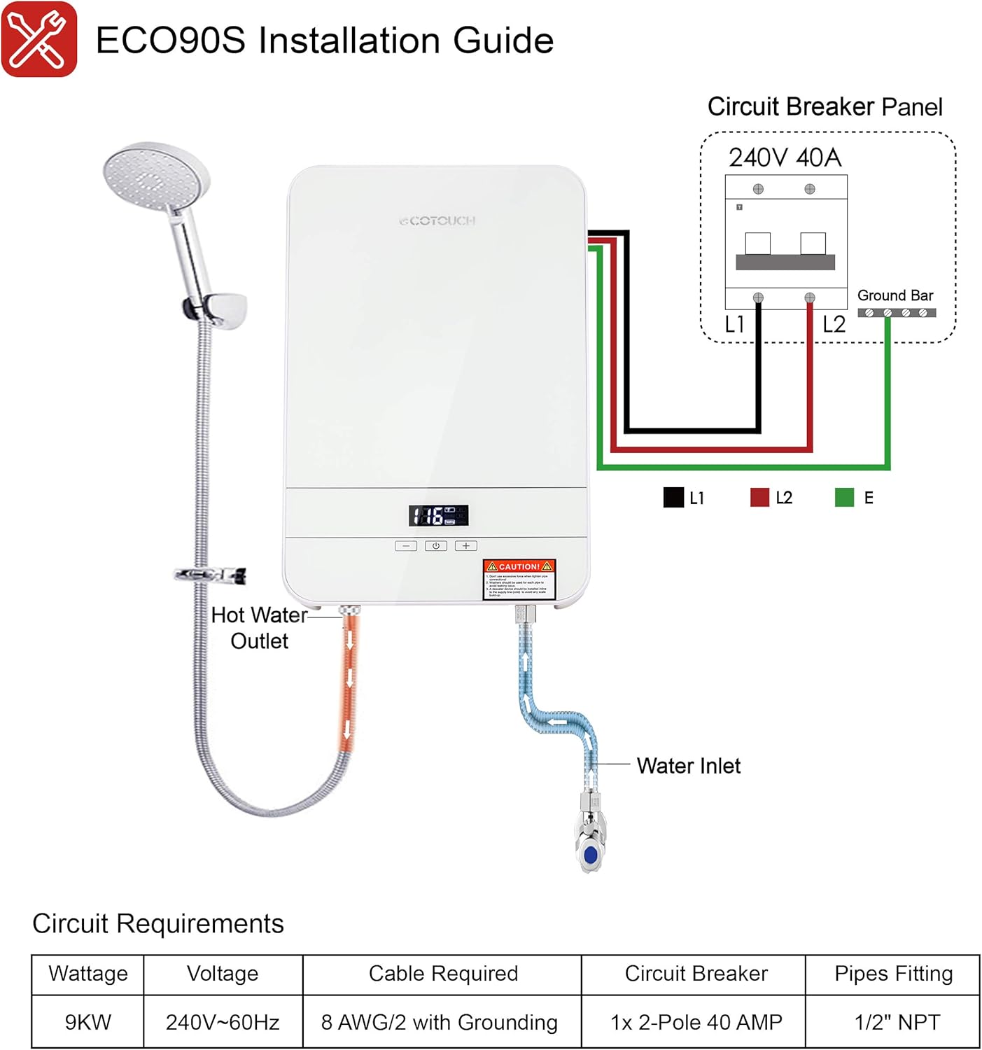 Tankless Water Heater Electric ECOTOUCH 9KW 240V on Demand Water Heater Self-Modulating Instant Hot Water Heater Point Of Use Water Heater ECO90 White - - 