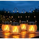 Solar Lights Outdoor Hanging Lantern with Glass Globe, Flame Effect 4-Pack | Decorative Hanging/Table Light Waterproof, for Halloween Decoration Pathway Garden Patio Yard Decor Gifts for Women