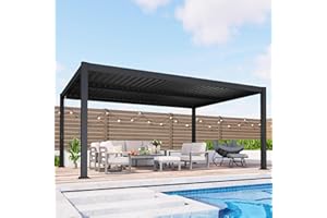 FANSAFURN Louvered Pergola, 12' x 16' Outdoor Pergola, Metal Patio Gazebo with Adjustable Louvers Roof and Gutter System, Metal Hardtop Gazebo for Patio, Backyard, Deck, Garden, Dark Gray