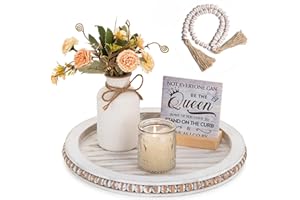 Hanobe Round Wooden Bead Tray: Coffee Table Tray with Wood Beaded Garland Decor Set White Washed Decorative Tray for Counter 