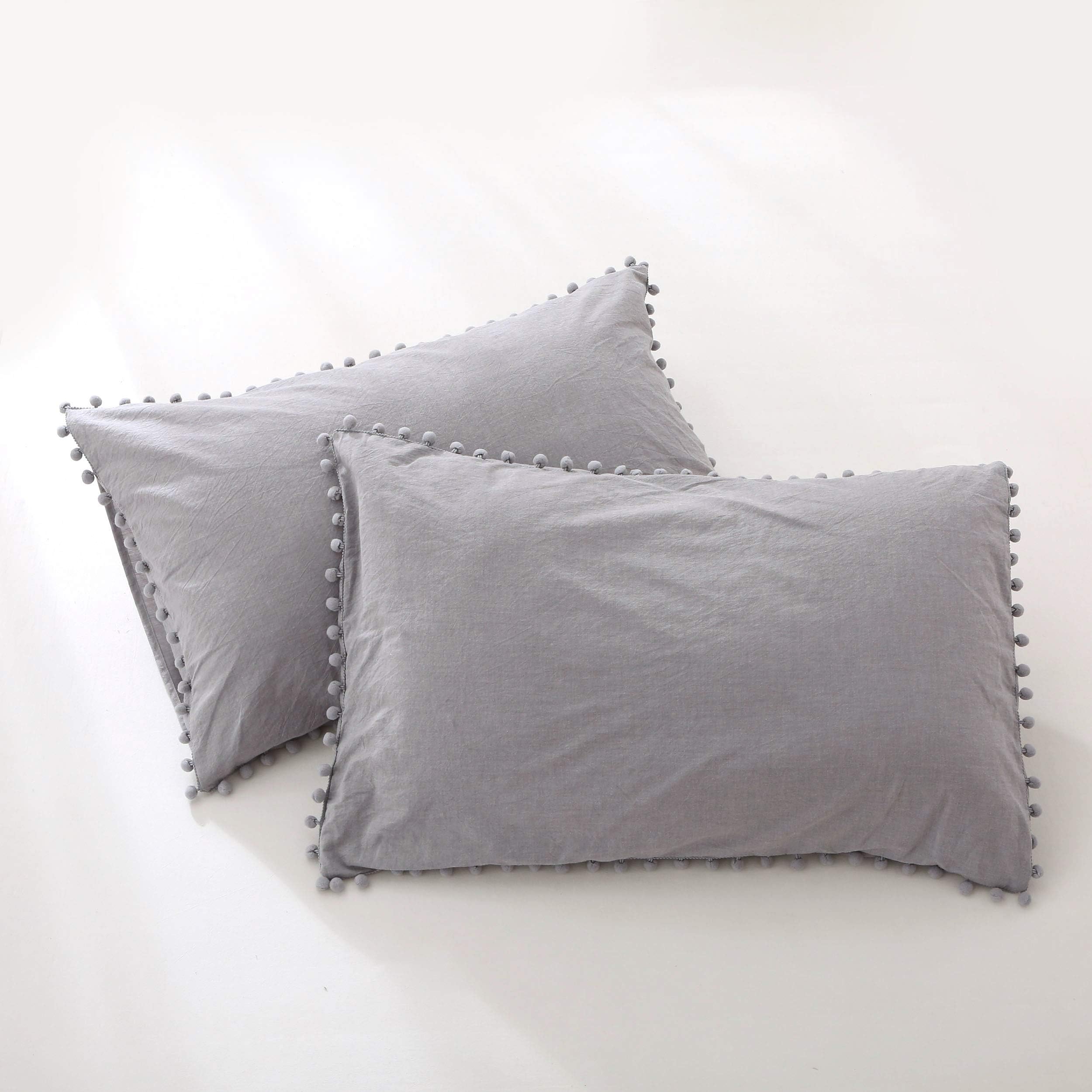 Meaning4 Gray Poms Fringe Pillow Shams Cases Queen Size Linen Cotton Grey Pillow Covers 30x20 inches Pack of 2