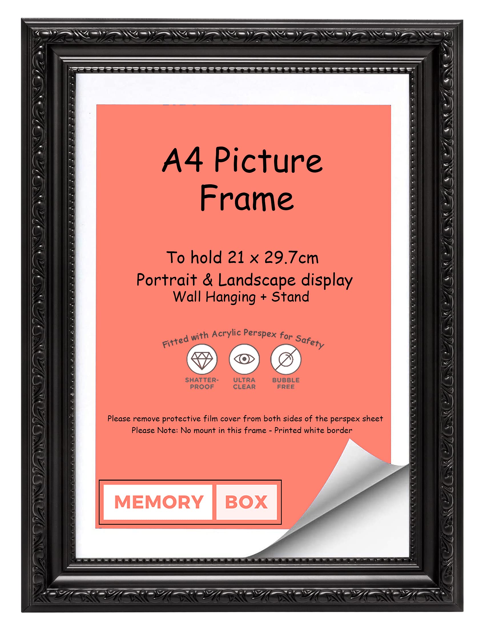 Black - A4 Ready to hang or stand Ornate Shabby Chic Picture/Photo/Poster frame with High Clarity Styrene Shatterproof Perspex Sheet & MDF backing board - FBA - oscf-2-blk-A4