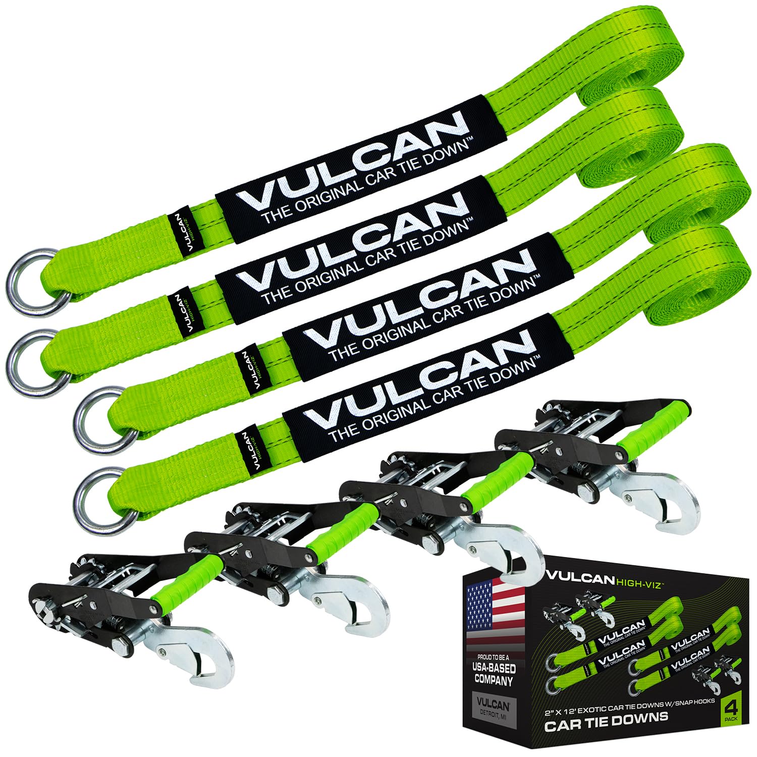 Photo 1 of VULCAN Car Rim Tie Downs with Ratchets - 2 Inch x 144 Inch - 4 Pack - High-Viz - 3,300 Pound Safe Working Load
