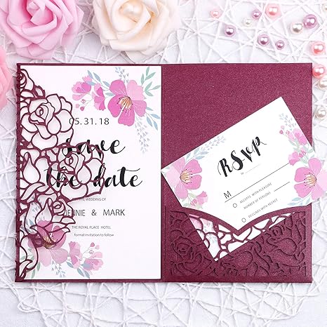Amazon Com Feiyi 20 Pcs 3 Folds Laser Cut Rose Shape Wedding Invitations Cards For Wedding Bridal Shower Engagement Birthday Graduation Invitation Cards Burgundy Home Kitchen