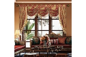 Loom and Mill Luxury Waterfall Valance for Living Room, Classic Damask Jacquard Swag Valances with Tassels, Red Swag Curtains for Bedroom Windows Banquet Christmas Decor, Rod Pocket(W79Inch,1 Panel)
