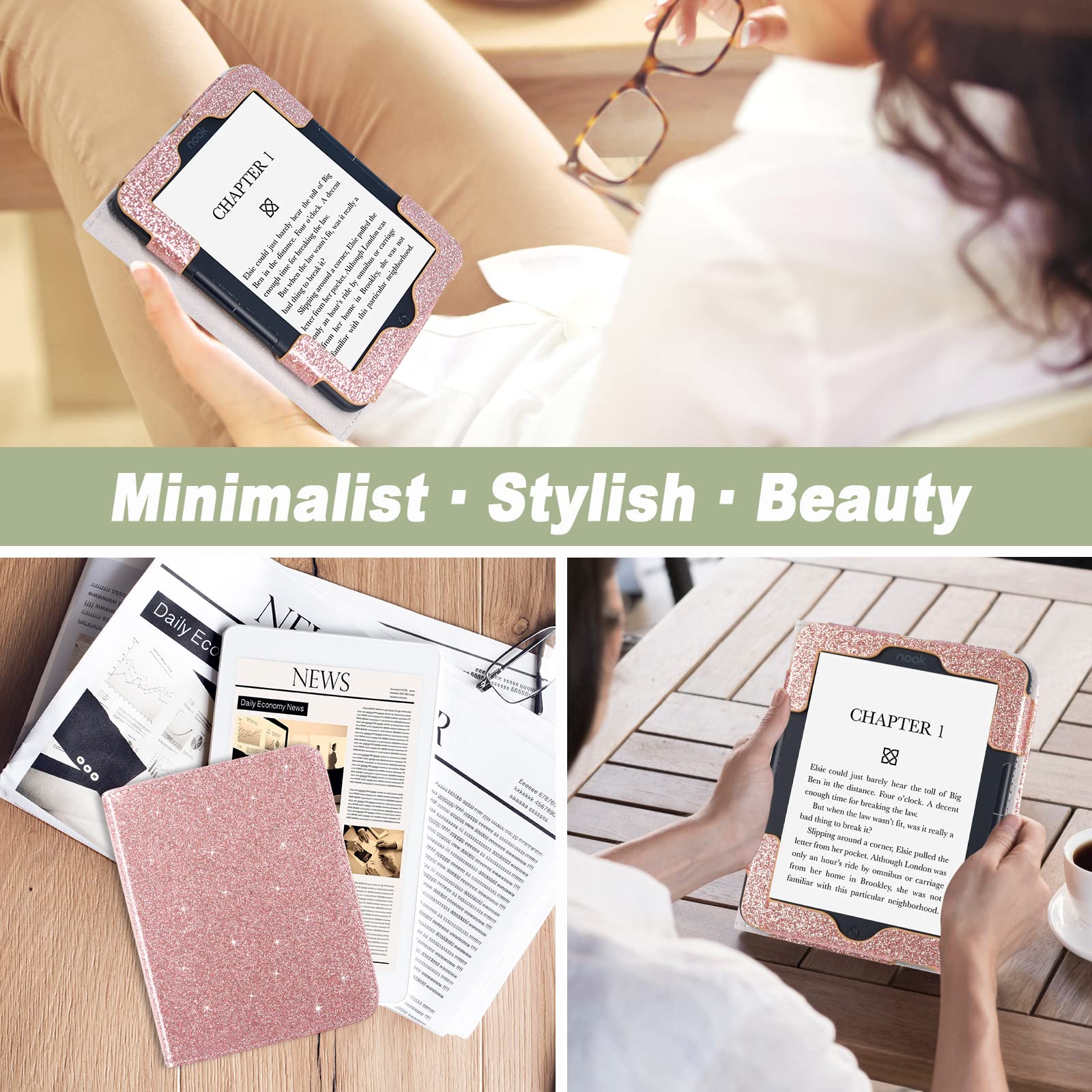 ACdream Case for Nook GlowLight 4 2021 / Nook GlowLight 4e 2022, Folio Premium PU Leather Ereader Cover with Magnet Closure, Glitter Rose
