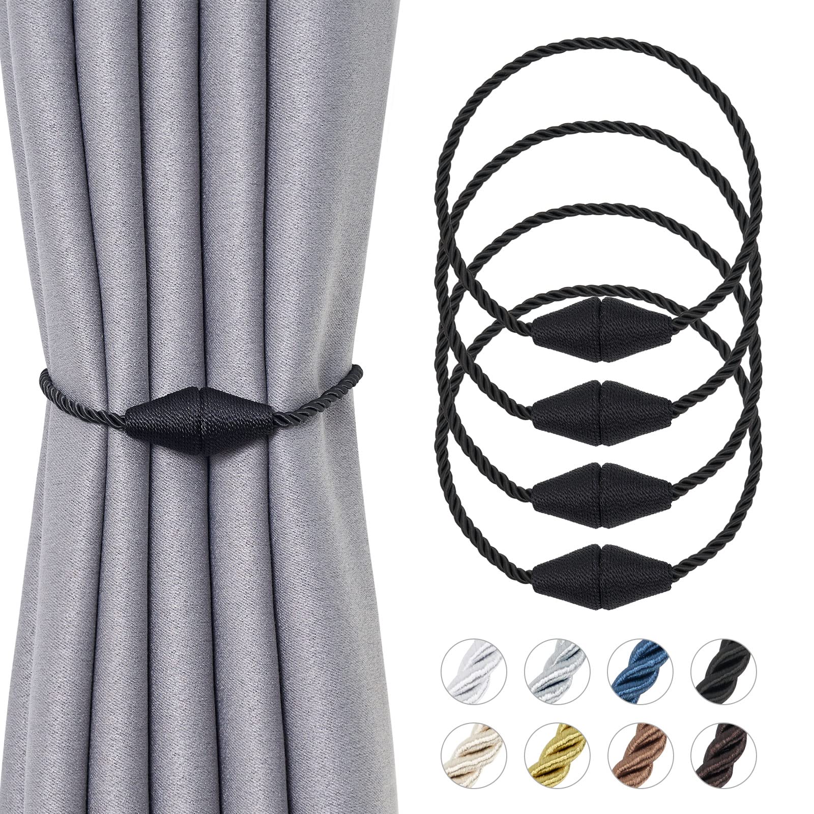 Pretty Jolly 4 Pack Upgrade Magnetic Curtain Tiebacks 16 Inch Handmade Weave Rope Curtain Holdbacks Convenient Decorative Cone Curtain Drape Tie Backs for Home & Office Window Drapery (New Black)