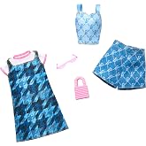 Barbie Fashions Clothing Set, 2 Denim Outfits for Fashion Doll Include Dress, Top &amp; Shorts &amp; 2 Accessories