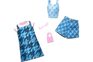 Barbie Fashions Clothing Set, 2 Denim Outfits for Fashion Doll Include Dress, Top & Shorts & 2 Accessories