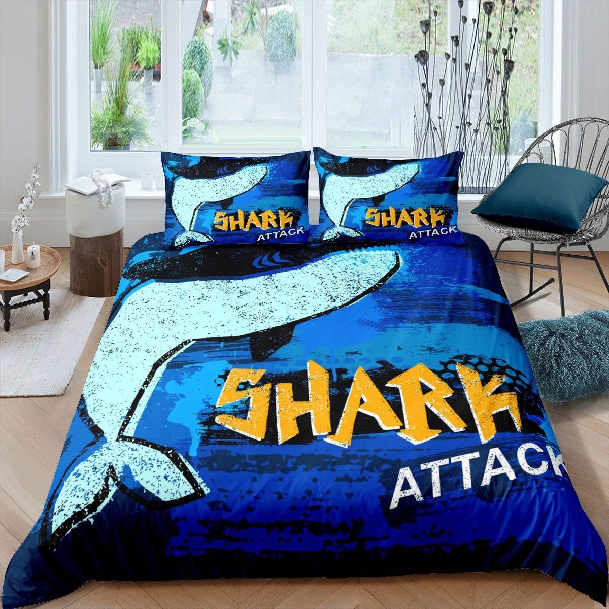 Erosebridal Shark Comforter Cover Cartoon Shark Duvet Cover Sea Animal Game Bedspread Cover Full Size Ocean Nautical Bedding Set for Kids Boys Gifts Living Room Dorm Decorative, Navy Blue