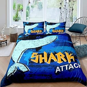 Erosebridal Shark Comforter Cover Cartoon Shark Duvet Cover Sea Animal Game Bedspread Cover Full Size Ocean Nautical Bedding Set for Kids Boys Gifts Living Room Dorm Decorative, Navy Blue