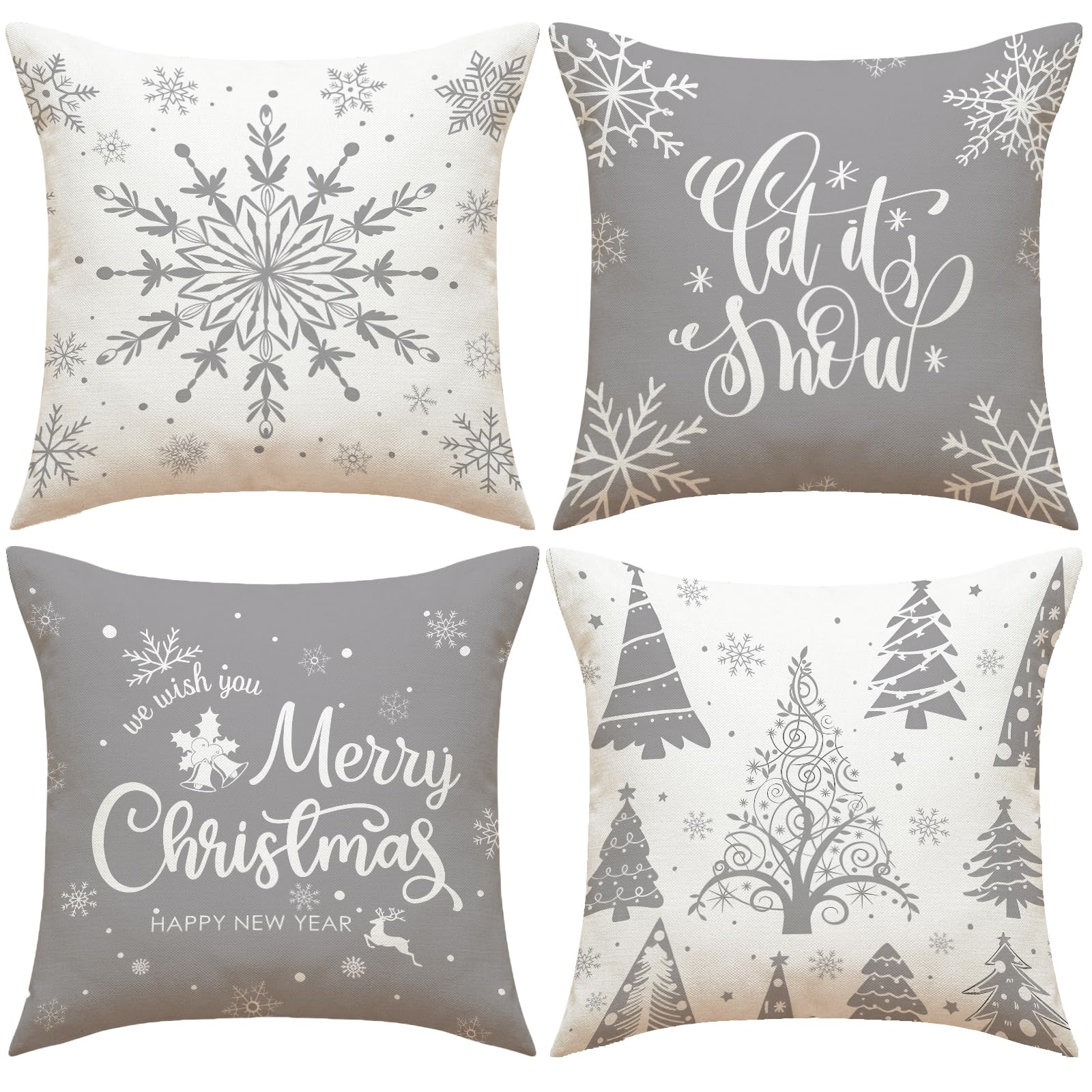 CoFlink Christmas Cushion Covers - Xmax Decorative Pillow Case 45 x 45, Set of 4 Gray Retro Vintage Decor Throw Pillow Covers for Home Indoor Sofa Christmas Decor