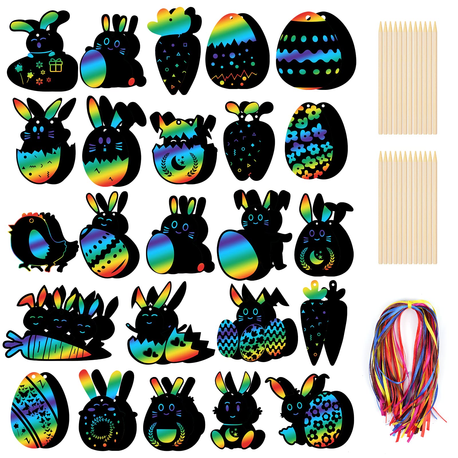 Vicloon Rainbow Scratch Art, 48pcs Rainbow Scratch Bookmarks, Scratch Art for Kids with 48 Ribbons and 24 Wood Stylus, Rabbit, Easter Eggs Bookmarks for Kids School Classroom Easter Day Party Favor